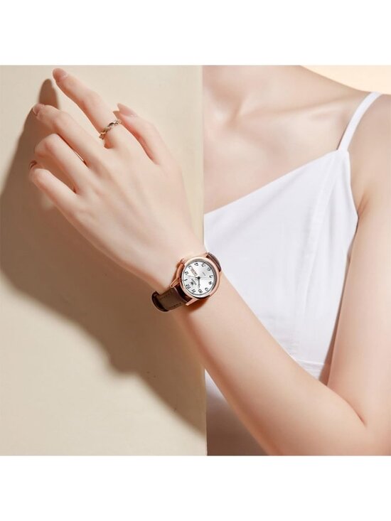 Olevs Womens Rose Gold Brown Vintage Leather Waterproof Reloj Mujer Quartz Watch main image 2